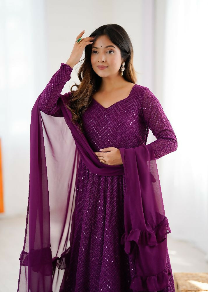 Joban Fashion Wine Kurta Set Georgette Sequence Embroidery Work