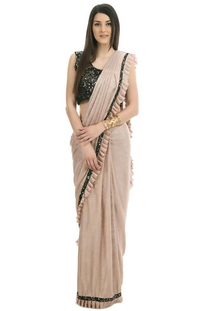 Mominos Fashion All Season Wear Beige And Black Colour Ruffled Ready To Wear Saree