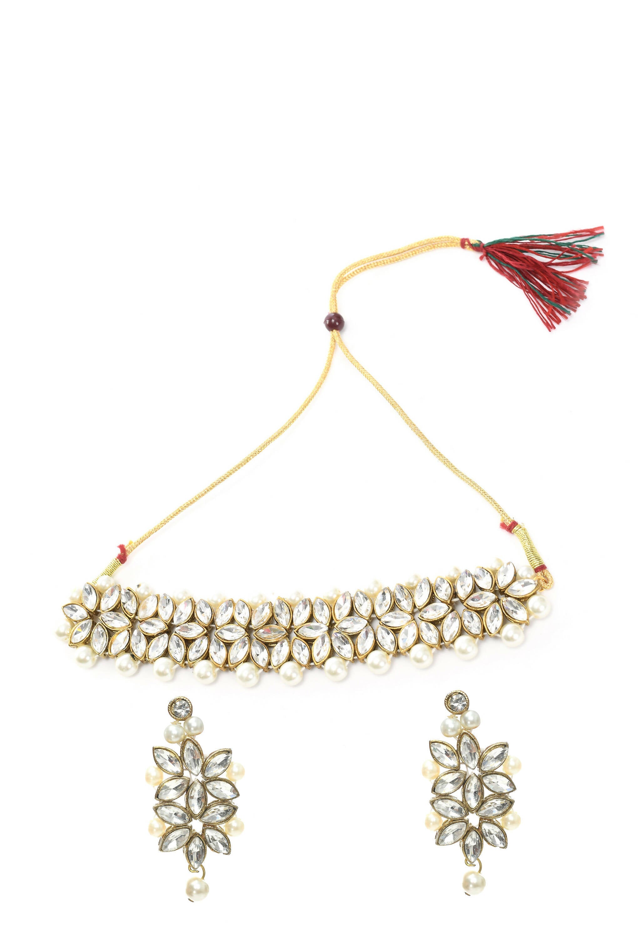 Mominos Fashion Johar Kamal Gold-Polished Brass Finish Kundan/Pearls Choker For Women (White)