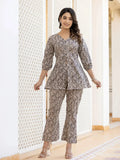 Yufta Ethnic Motifs Print Grey Cotton A-Line Co-Ord Set