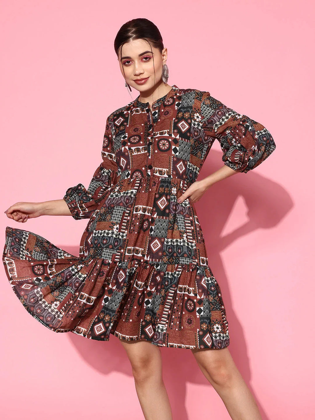 Yufta Ethnic Motifs Print Puff Sleeves Tiered Fit & Flare Pure Cotton Dress