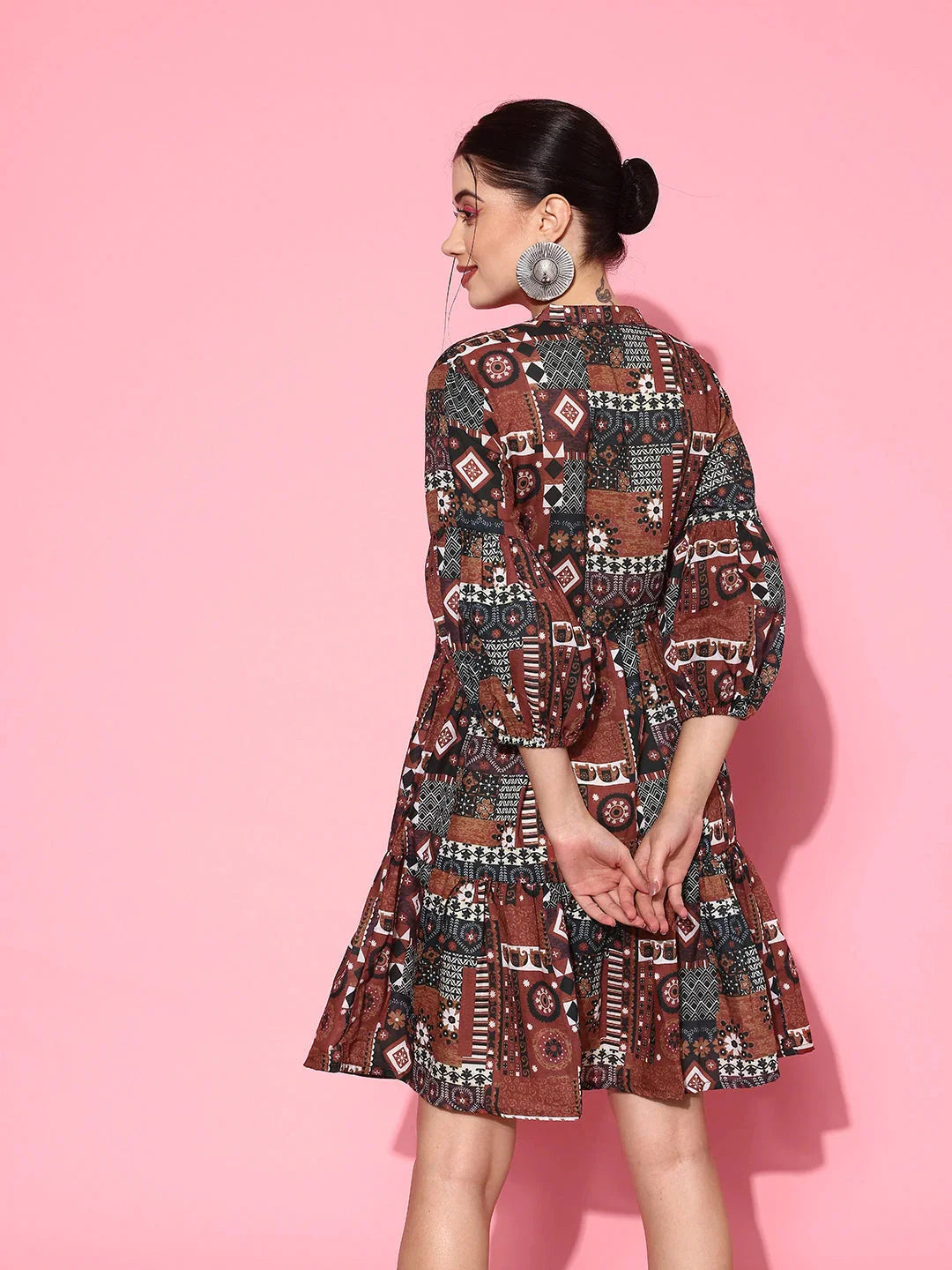 Yufta Ethnic Motifs Print Puff Sleeves Tiered Fit & Flare Pure Cotton Dress