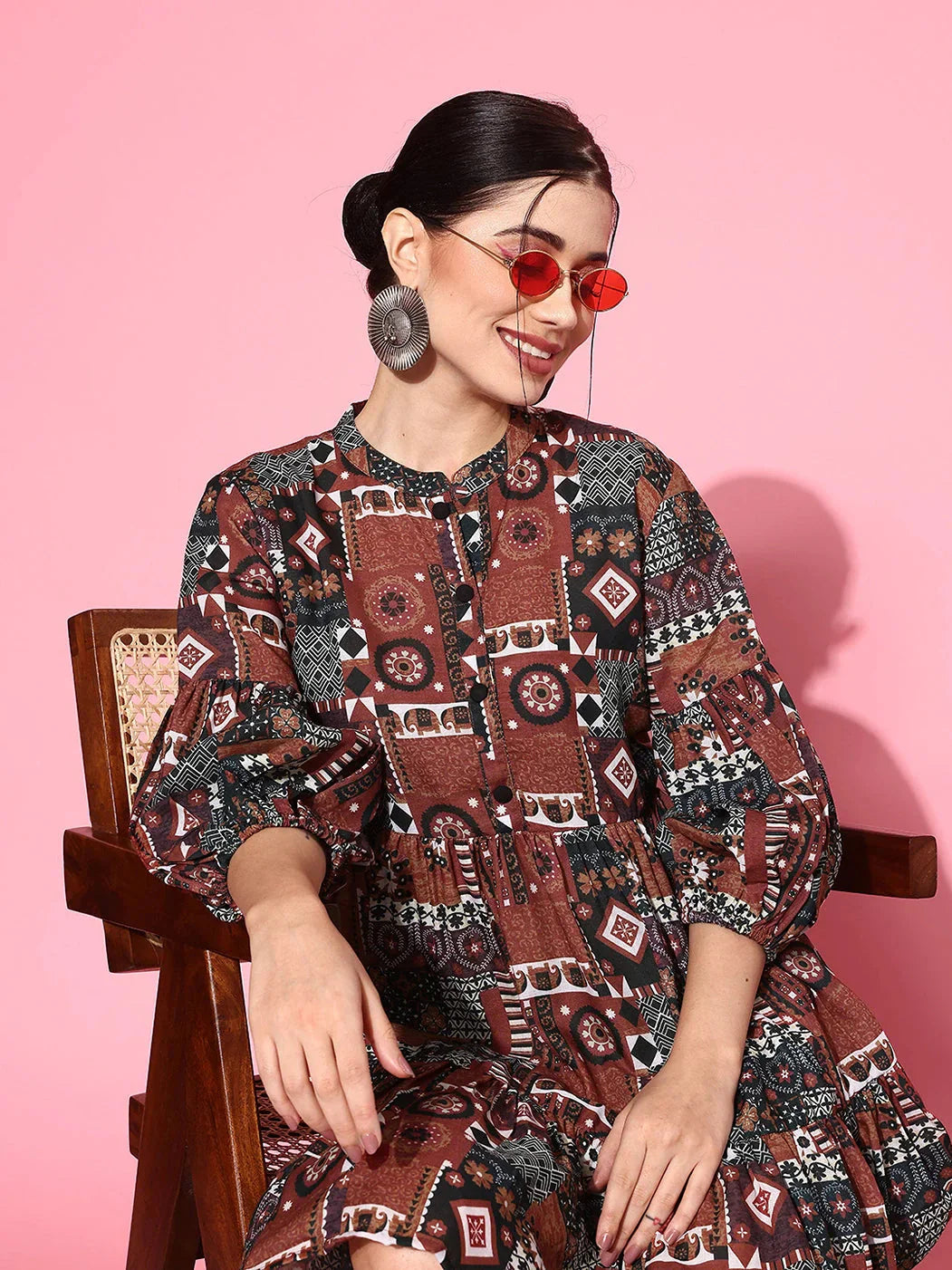 Yufta Ethnic Motifs Print Puff Sleeves Tiered Fit & Flare Pure Cotton Dress