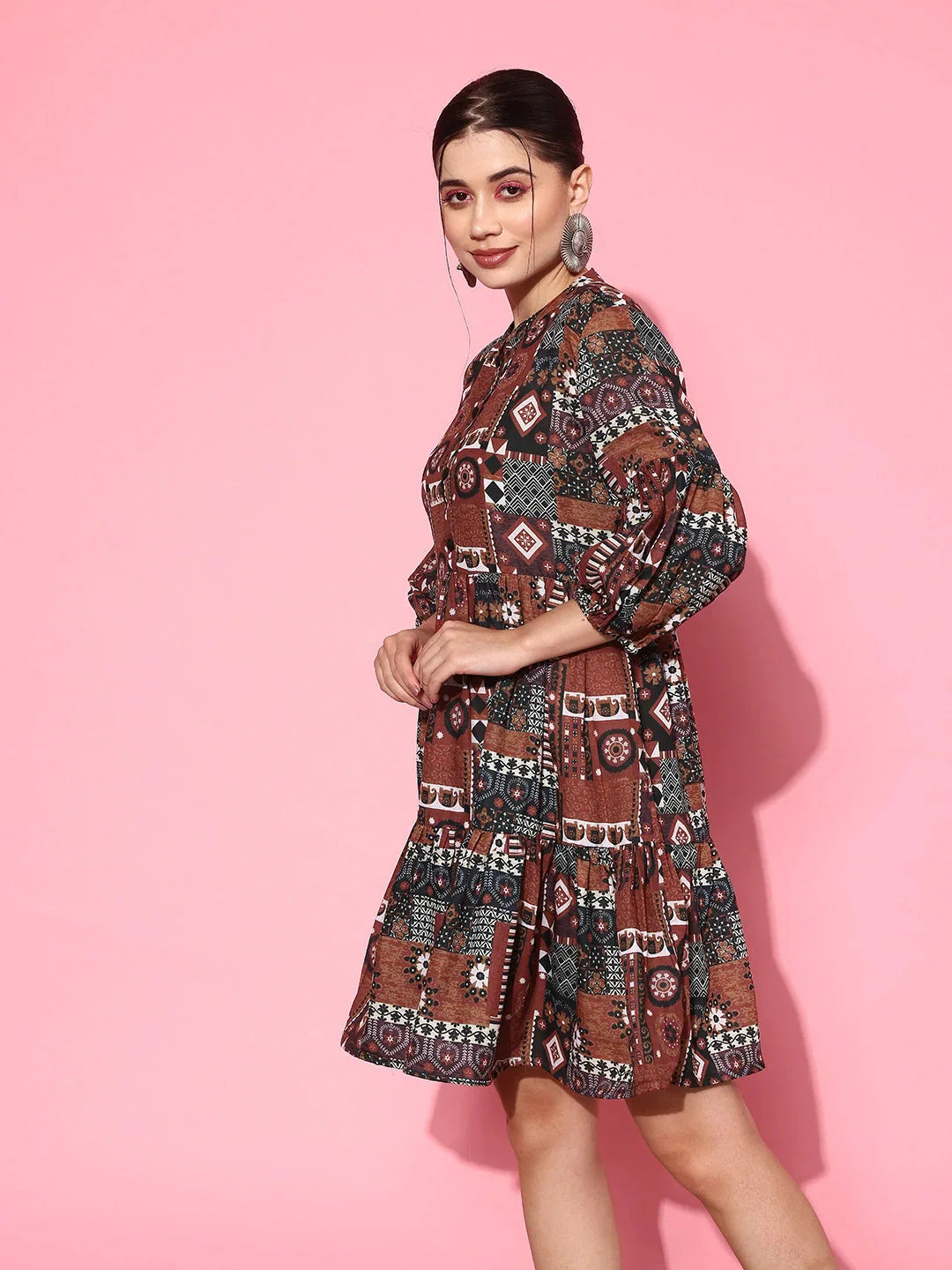 Yufta Ethnic Motifs Print Puff Sleeves Tiered Fit & Flare Pure Cotton Dress