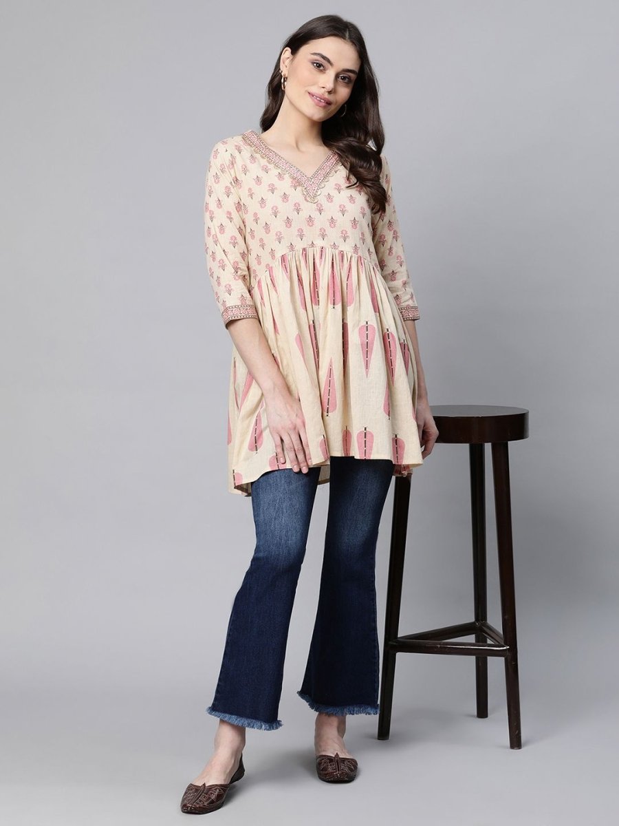 Ahalyaa Women Beige Pure Cotton Printed Tunic
