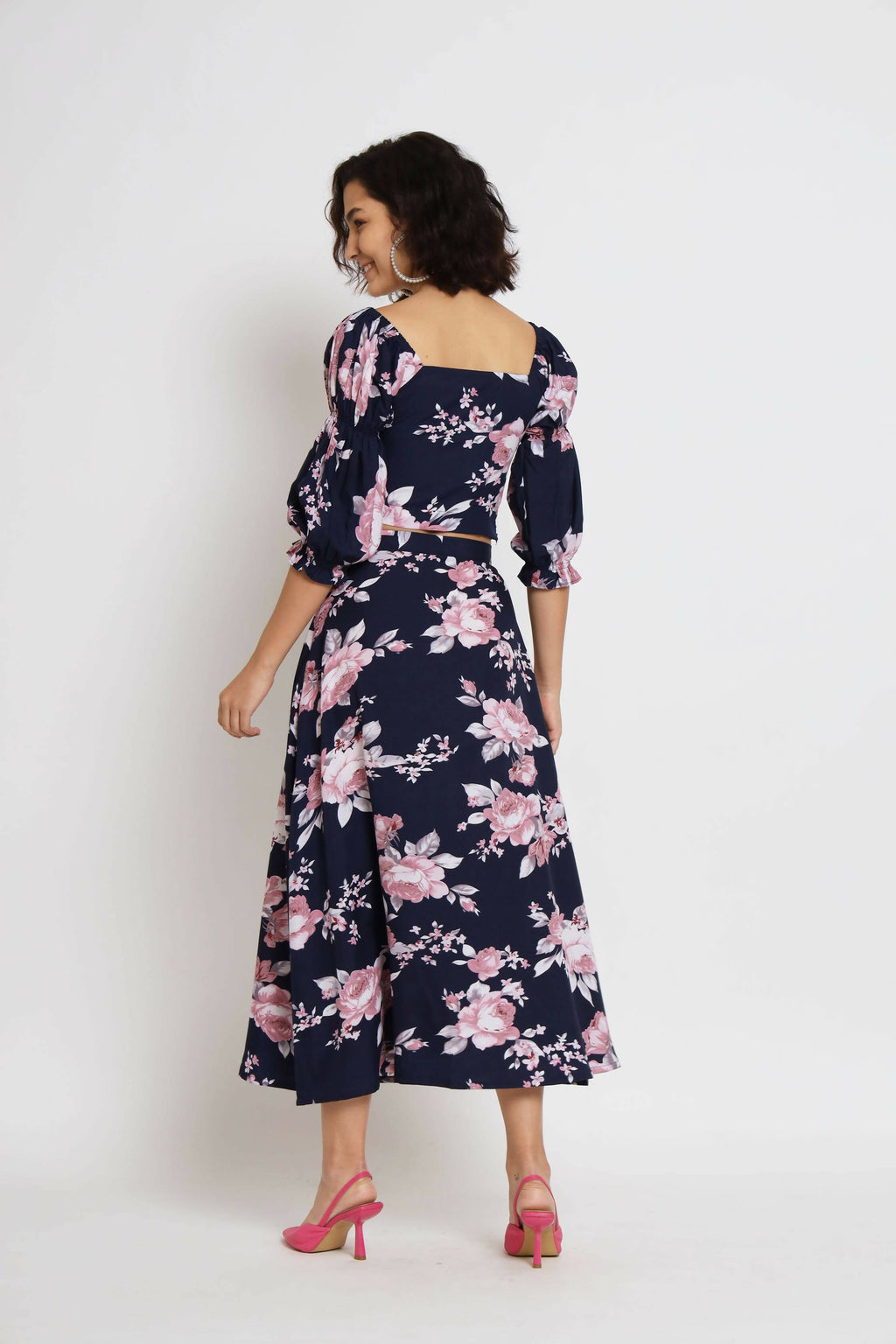 Blue Crepe Floral Printed Top with Matching Skirt - Shivani