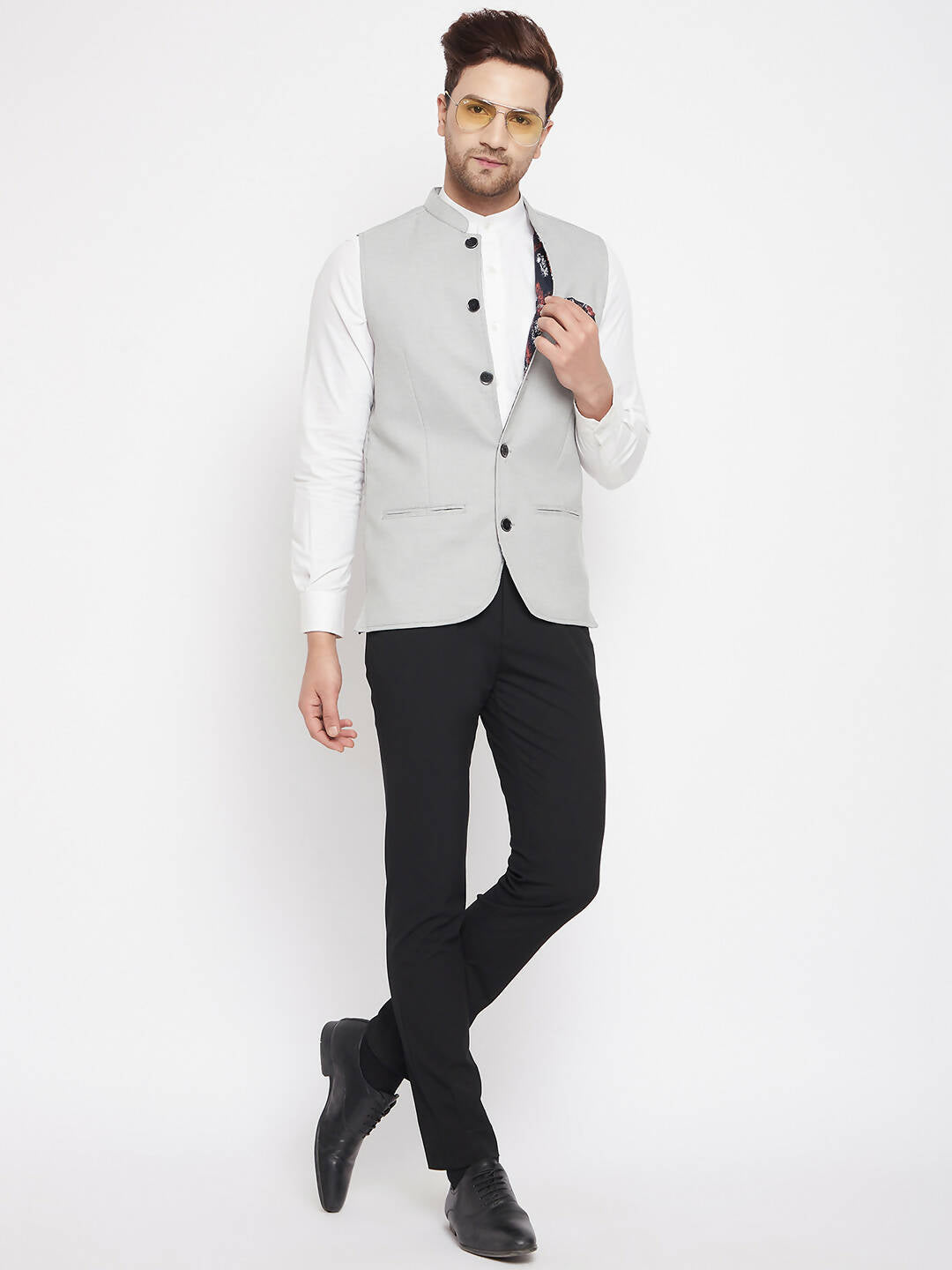Even Apparels Grey Merino Men's Nehru Jacket-Contrast Lining-Free Pocket Square