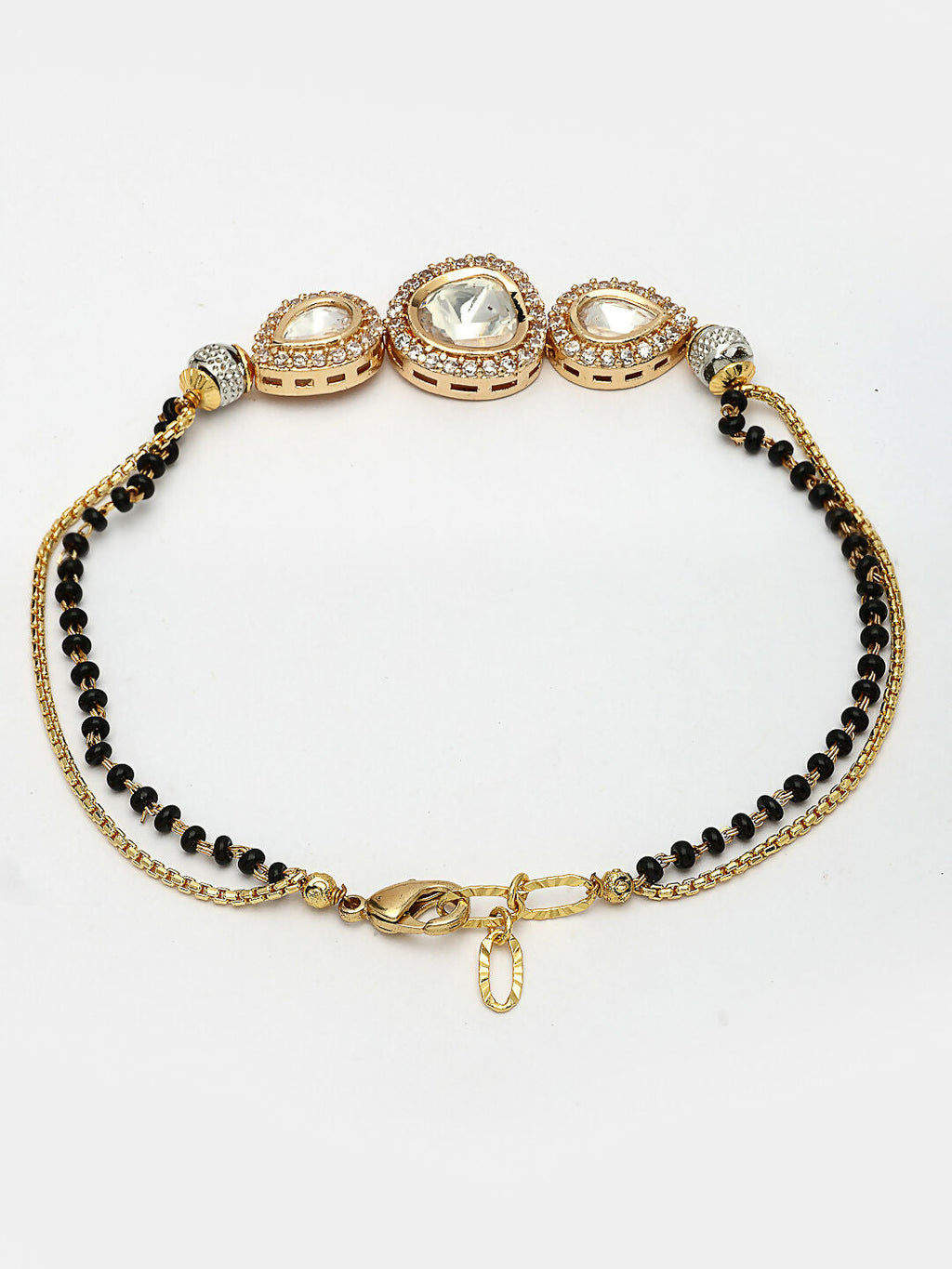 NVR Women Gold-Polished & Black Brass AD-Studded Hand Mangalsutra Link Bracelet