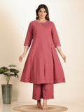 Aramya Pink Linen Cotton Solid Print A-line Kurta Set for Women