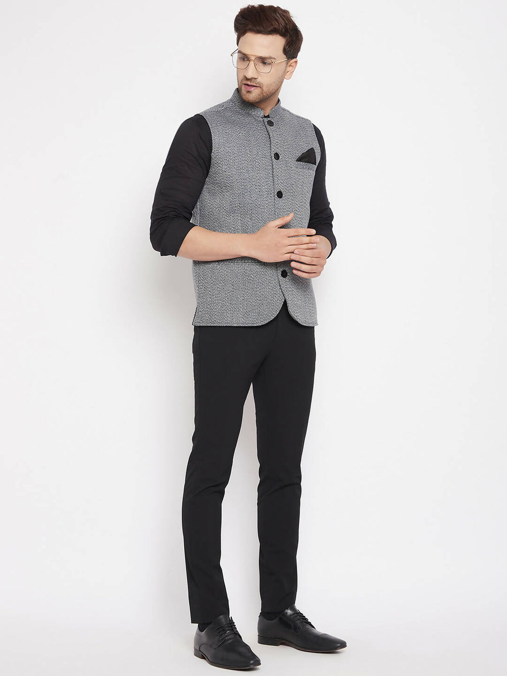 Even Apparels Grey Merino Men Woven Nehru Jacket PW689