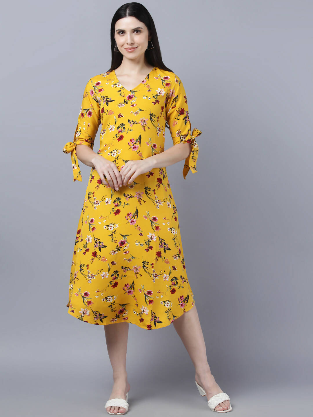 Myshka Women Yellow Floral Printed Flared Sleeves Thread Work Crepe Kurta