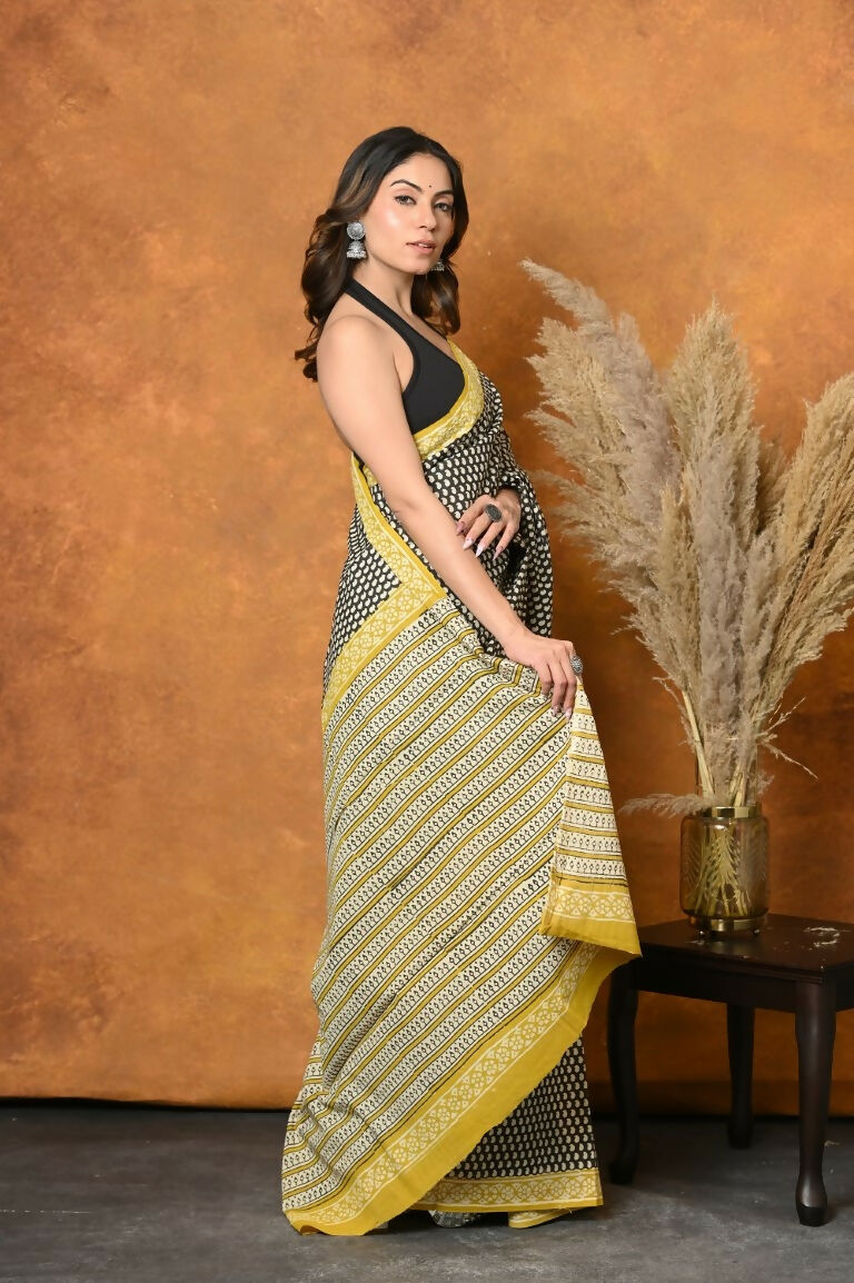 Very Much Indian Handblock Printed Cotton Saree With Natural Dyes - Black & White