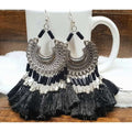 MS Fashion India Black Color Threads Oxidized Silver Afghani Chandbali Earrings