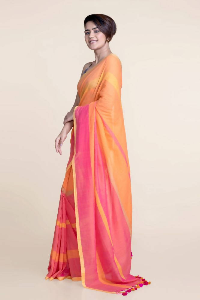Suta Orange Pink Striped Mul Saree