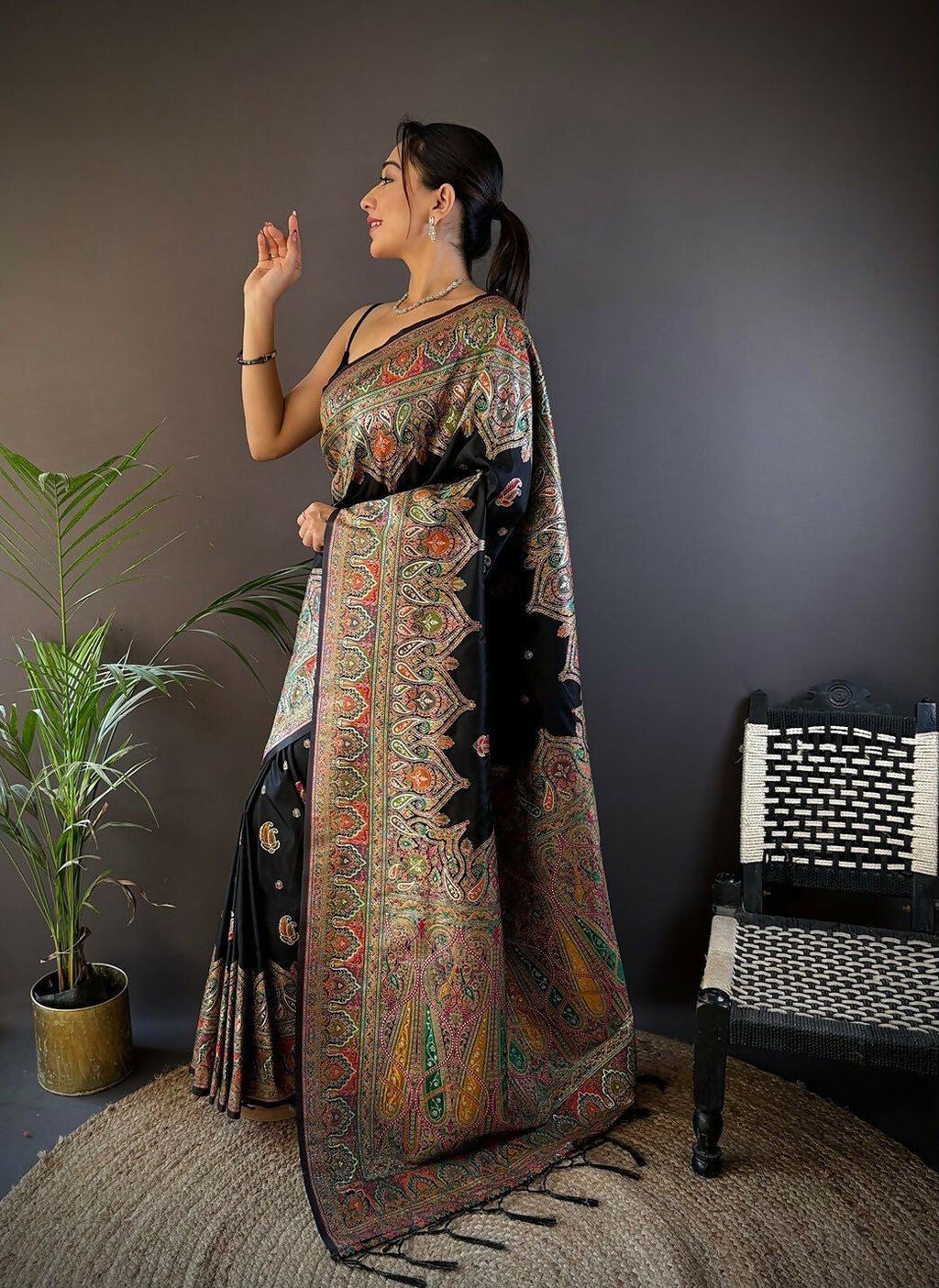 Joban Fashion Black Meena Weaves Pashmina Sarees