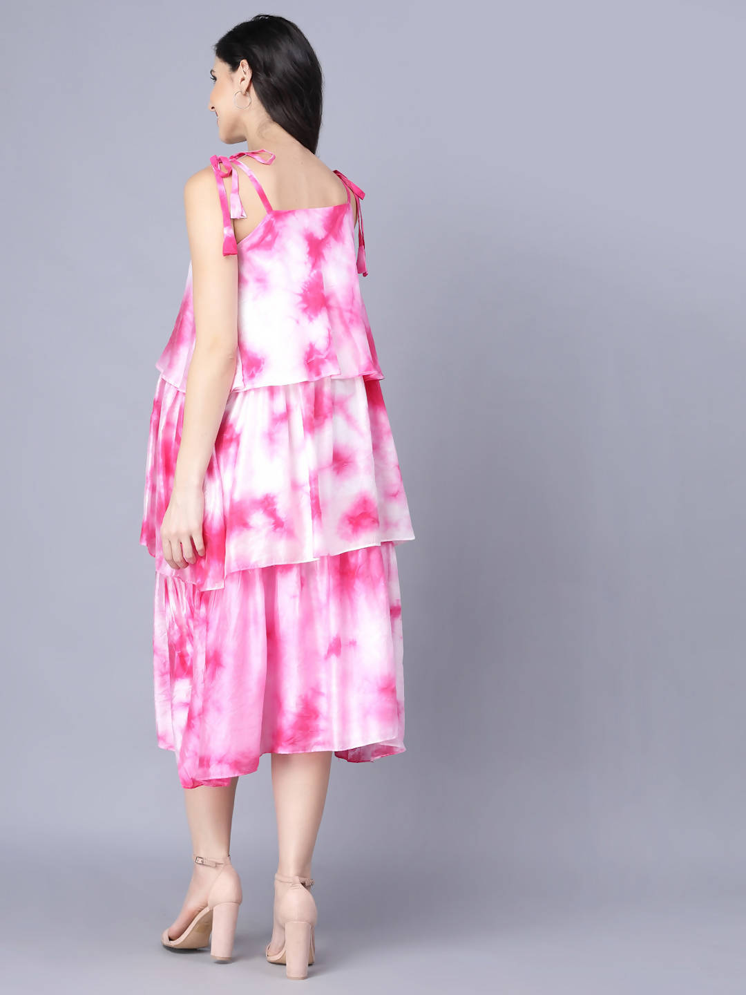 Myshka Women White Tie and Dye Dyed Layered A-Line Midi Dress