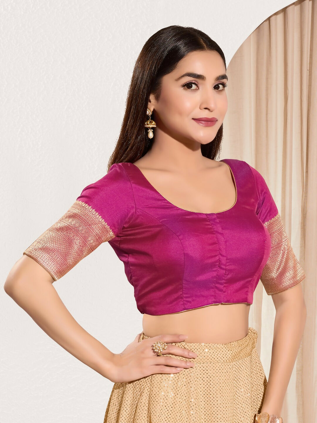 Joban Fashion Purple Taffeta Silk Padded Blouse With Round Neck Elbow Sleeves