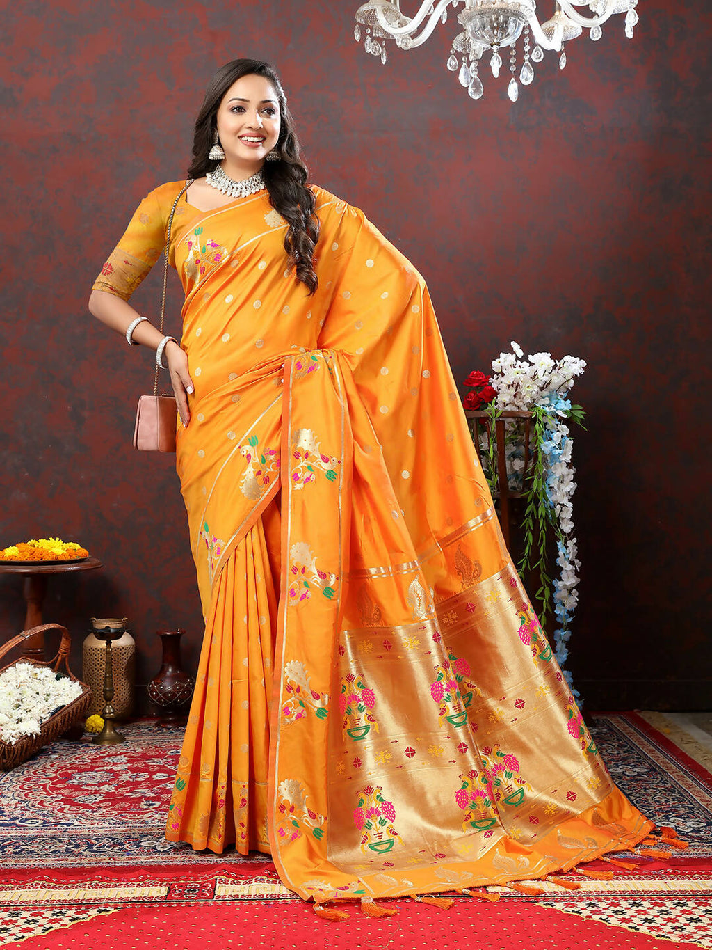 Lorenvalley Fashion Orange Soft Paithani Silk Woven Design Gold Zari Meenakari Weaving Saree