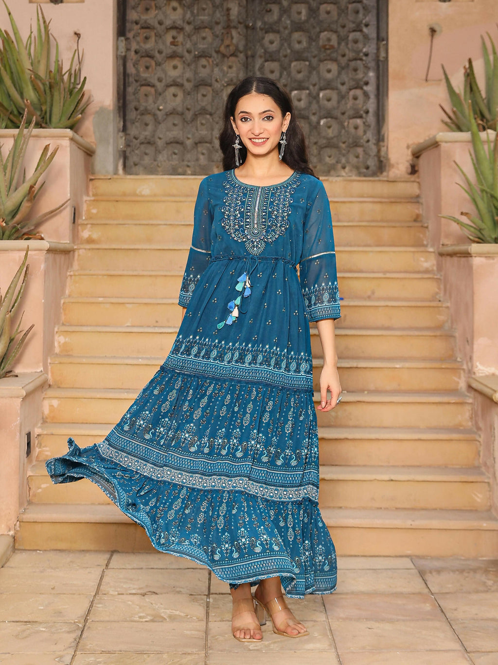Juniper Women's The Dholitaro Blue Ethnic Motif Printed Georgette Tiered Dress With Sequins & Doris At Waist
