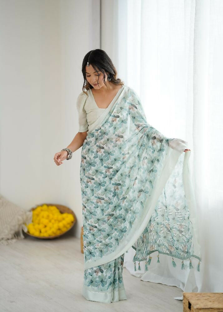 PR Fashion See_Green Bright Moss Satin Patta Printed Saree