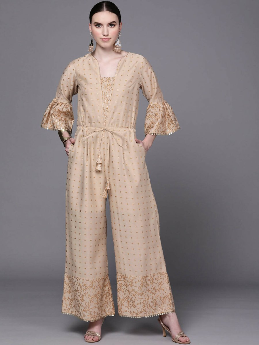 Ahalyaa Beige & Golden Printed Basic Jumpsuit