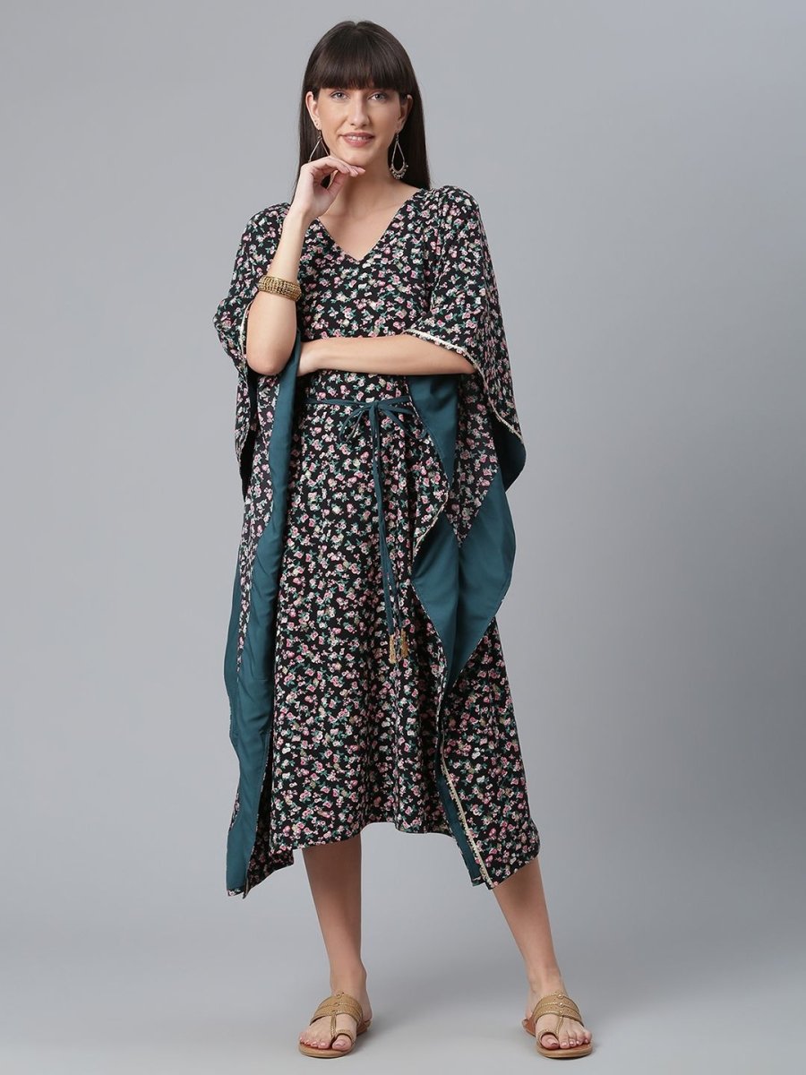 Ahalyaa Crepe Black Digital & Foil Floral Printed Kaftan