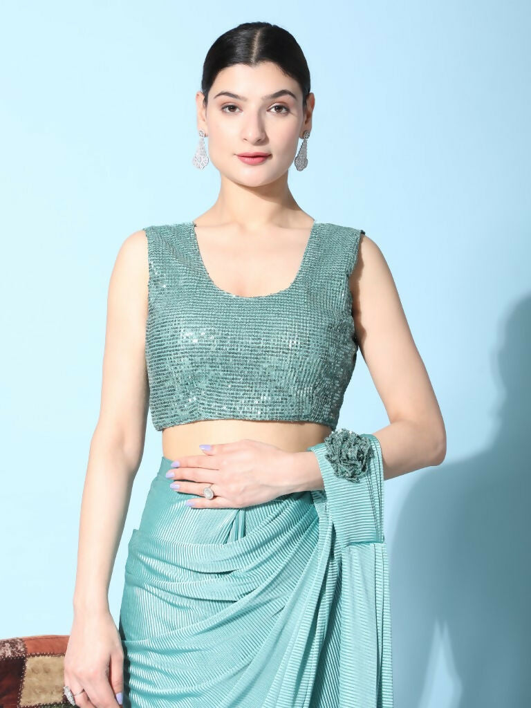 Sea Green Imported Crush Lycra Texture Pattern Ready to Wear Saree with stitched Blouse - Nirvana