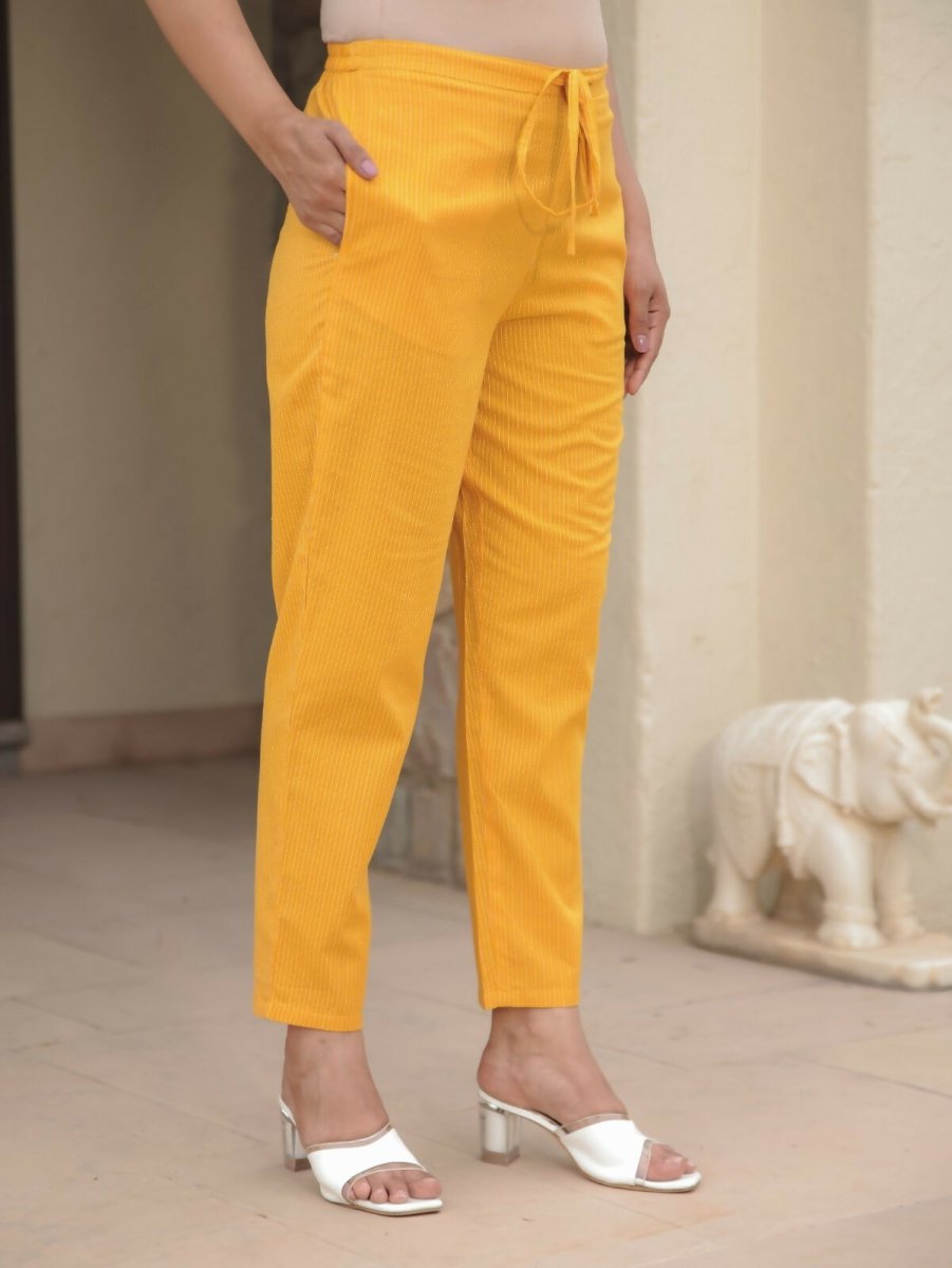 Aramya Straight Kantha Cotton Woven Design Print Women's Kurta Set - Yellow