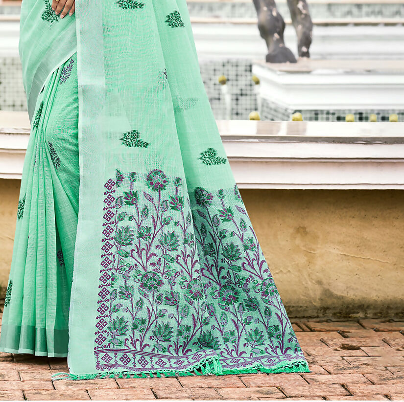 Sangam Prints Olive Green Linen Woven Work Traditional Saree