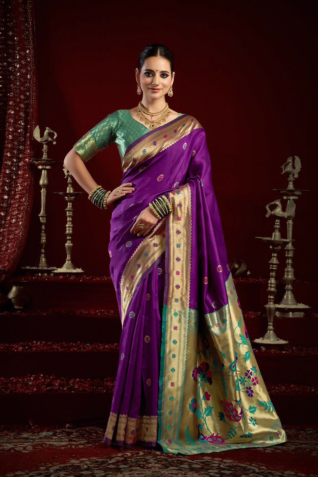 Joban Fashion Purple Paithani Silk Blend Butti Saree