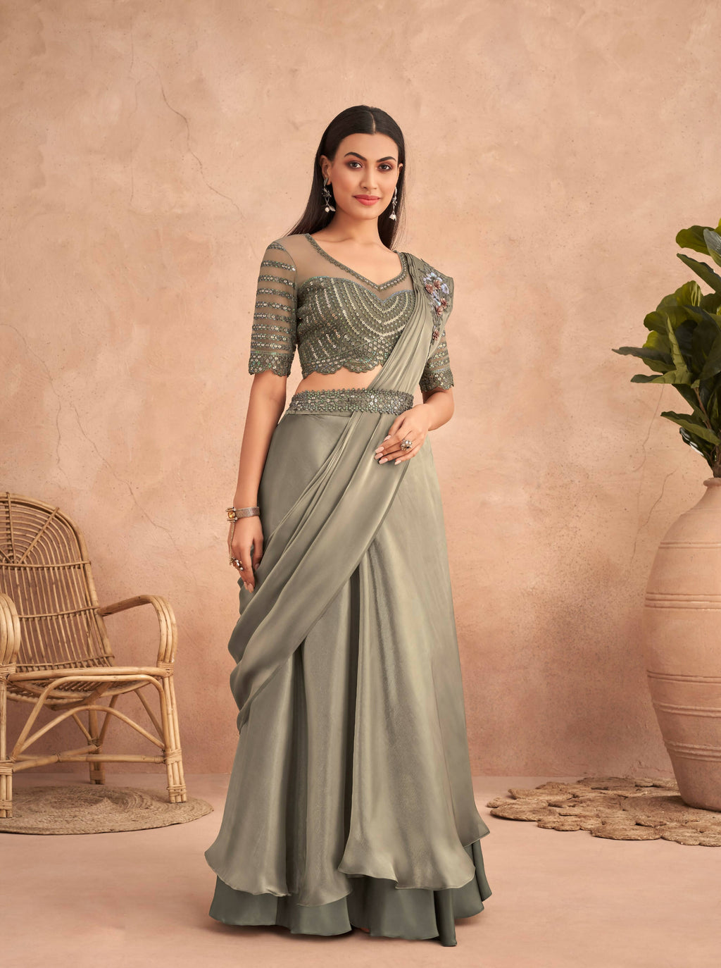 Green Satin Embroidered Ready To Wear Saree With Unstitched Blouse Piece - Nandika
