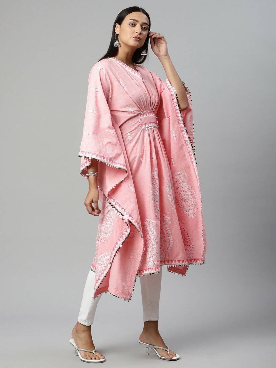 Ahalyaa Women Pink Pure Cotton Printed Kaftan Kurta