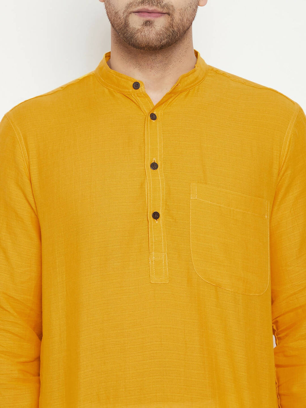 Even Apparels Yellow Pure Cotton Long Men's Kurta With Band Collar