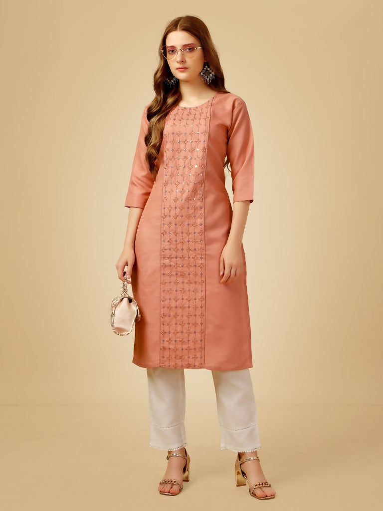 Jyoti Fashion Women's Gajri Cotton Blend Embroidered Kurta Pant Set