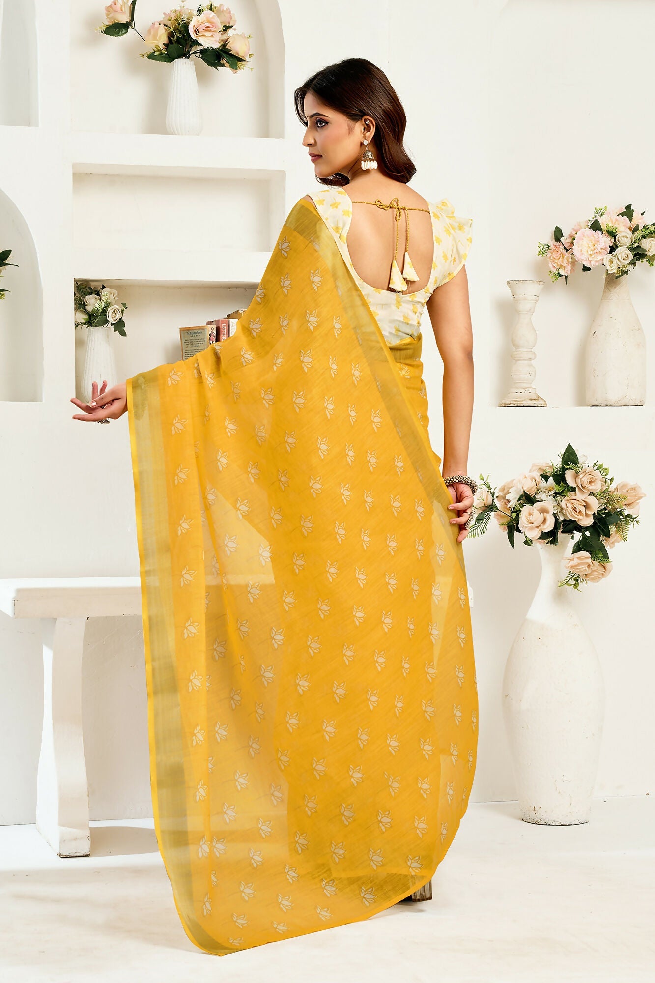 Vastranavya Yellow Digital Printed Linen Ready To Wear Designer Saree with Unstitched Blouse
