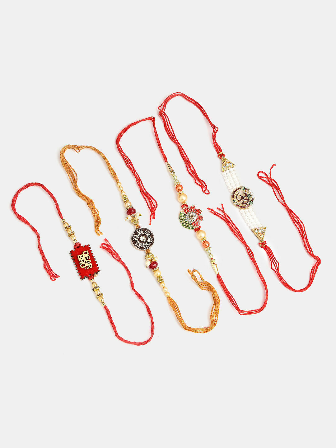 NVR Men Set of 4 Gold-Toned Stone-Studded & Beaded Rakhi With Roli Chawal & Chocolate