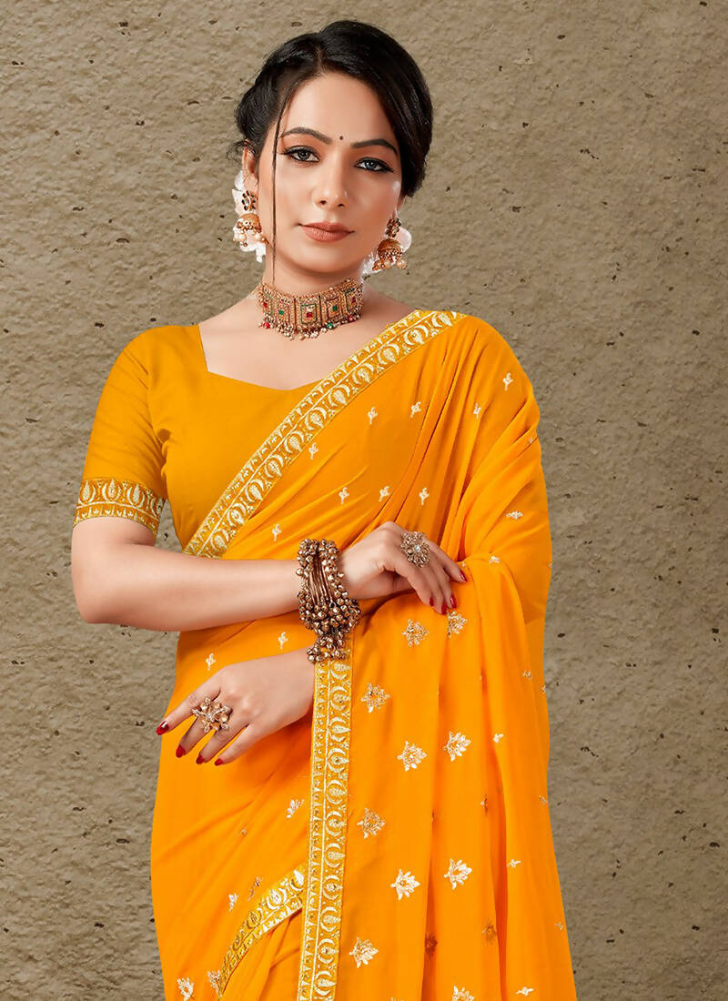Mustard Georgette Embroidered Saree with Unstitched Blouse Piece - Avika