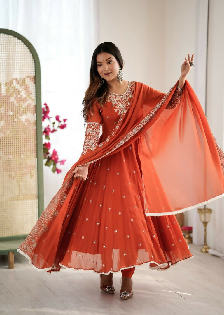 Teeya Creation Orange Color Faux georgette Embroidery Work Wedding Wear Gown