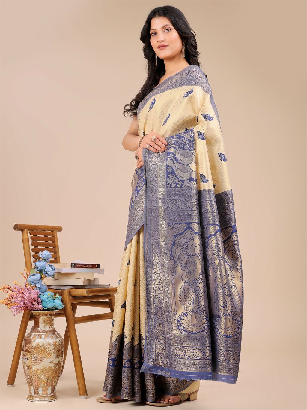 Shree Shyam Fashion Banarasi Silk Cream & Navy Blue Saree
