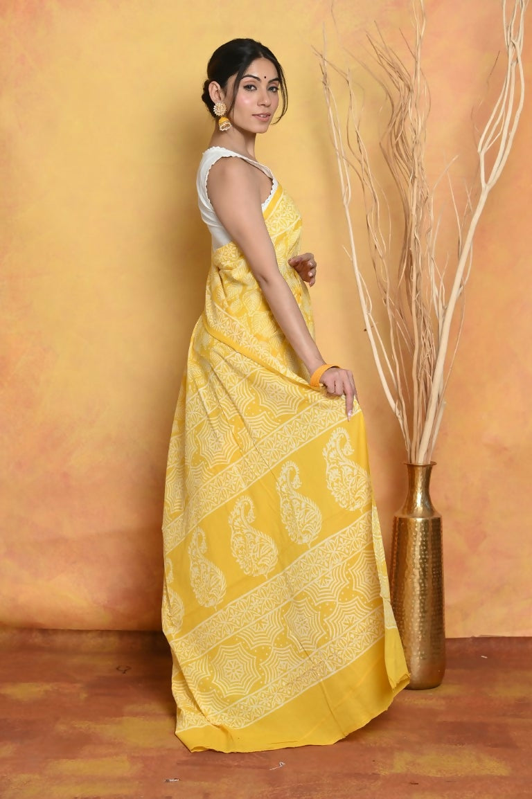 Very Much Indian Handblock Printed Cotton Saree With Natural Dyes - Yellow