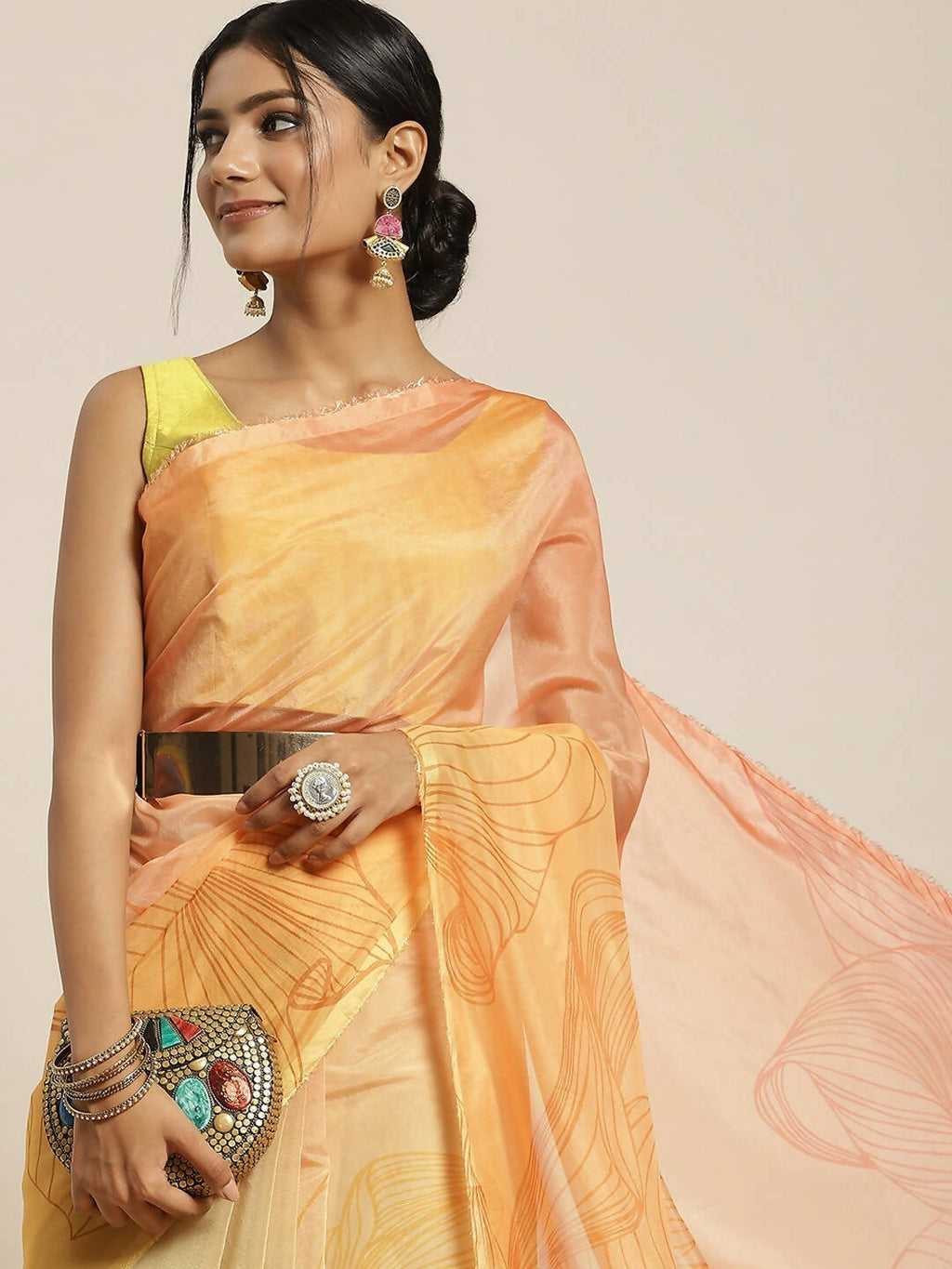 Multicolor Organza Printed Saree With Blouse Piece - Nivaa