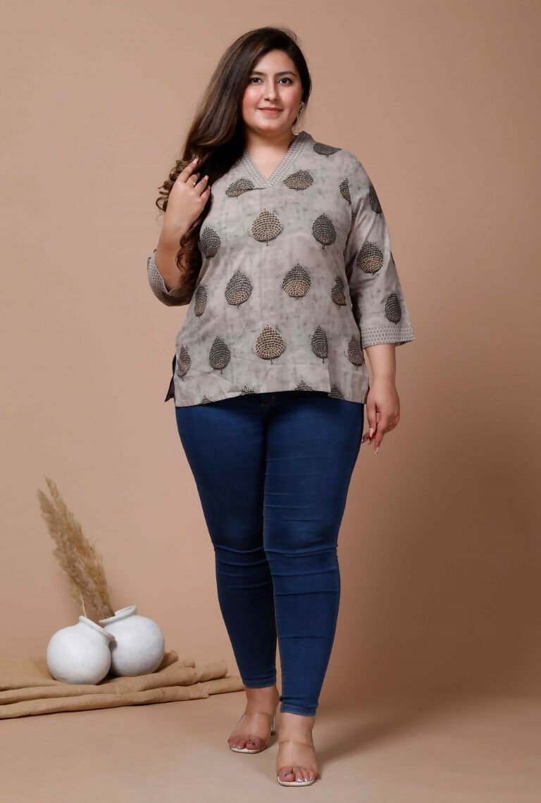 Miravan Women's Plus Size Floral Printed Beige Pure Cotton Kurti