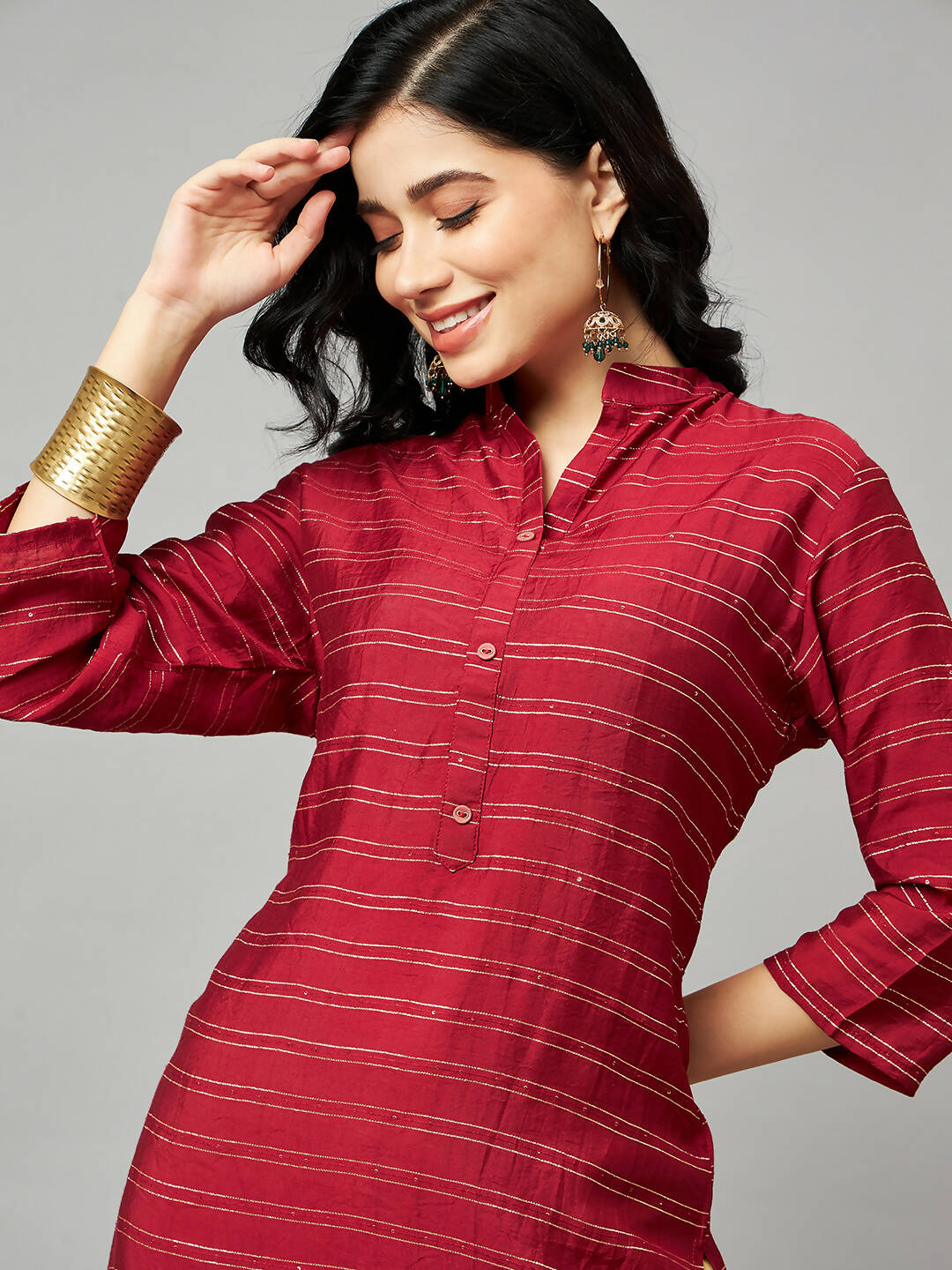 Red Poly Cotton Texture Straight Kurta - Sabella