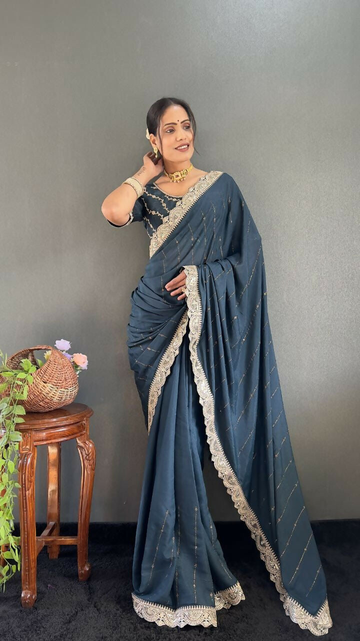 Vastranavya Sea Blue Georgette Silk Swarovski & Heavy Lace Work Ready to Wear Saree
