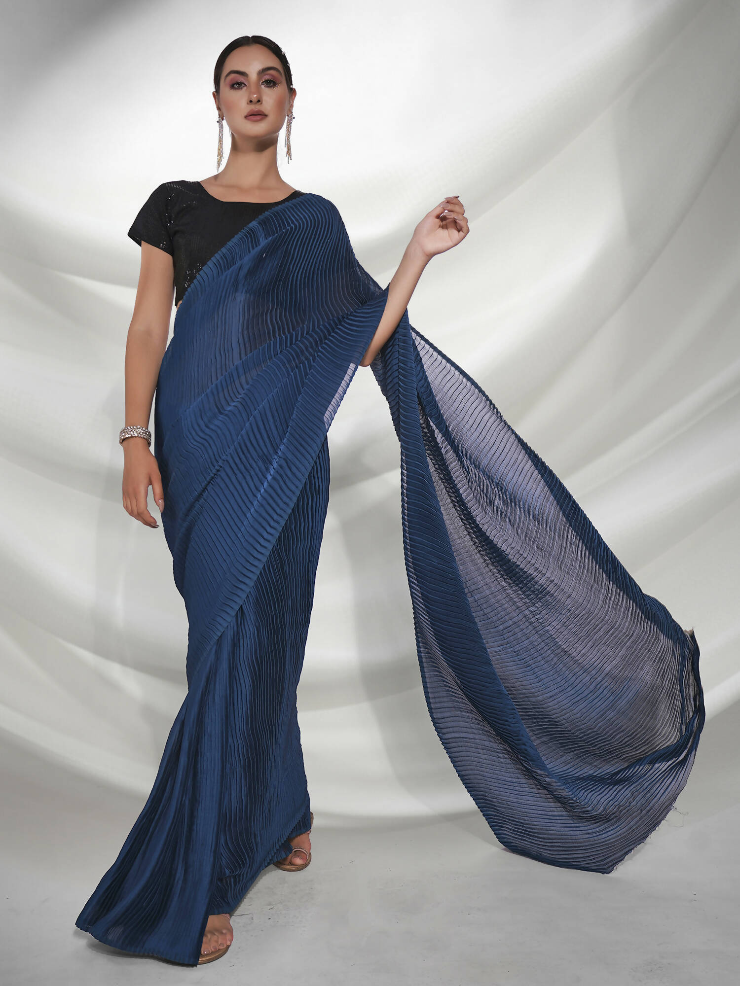 Teal Georgette Solid Texture Saree With Unstitched Blouse Piece - Rajal