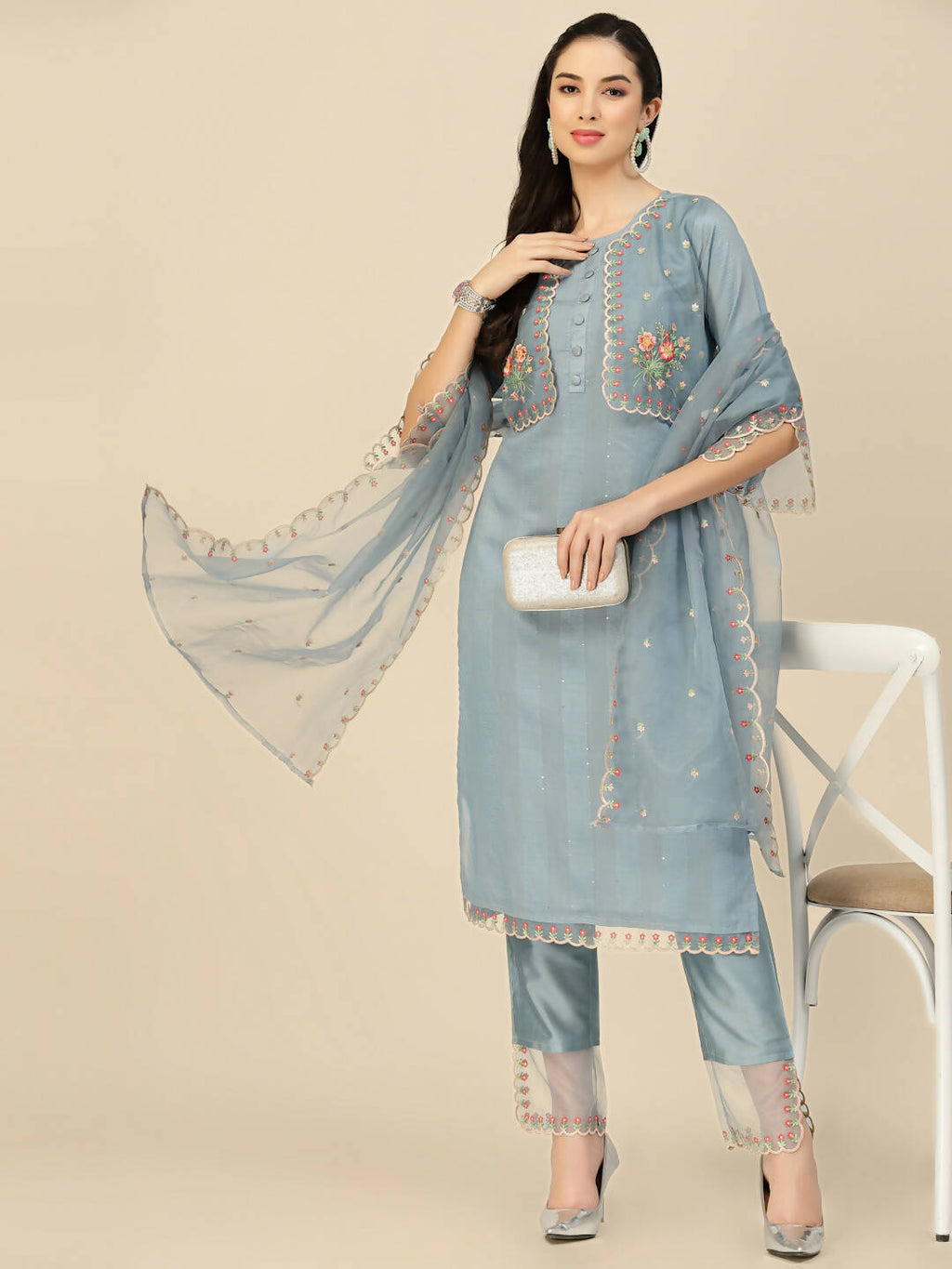 Sky Blue Embroidered Chinon Straight Kurta With Trouser & Dupatta - Salimar