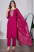 The52 Pink Women's Beautiful Embroidered Rayon Slub Fabric with Straight Kurta, Pant and Dupatta Set
