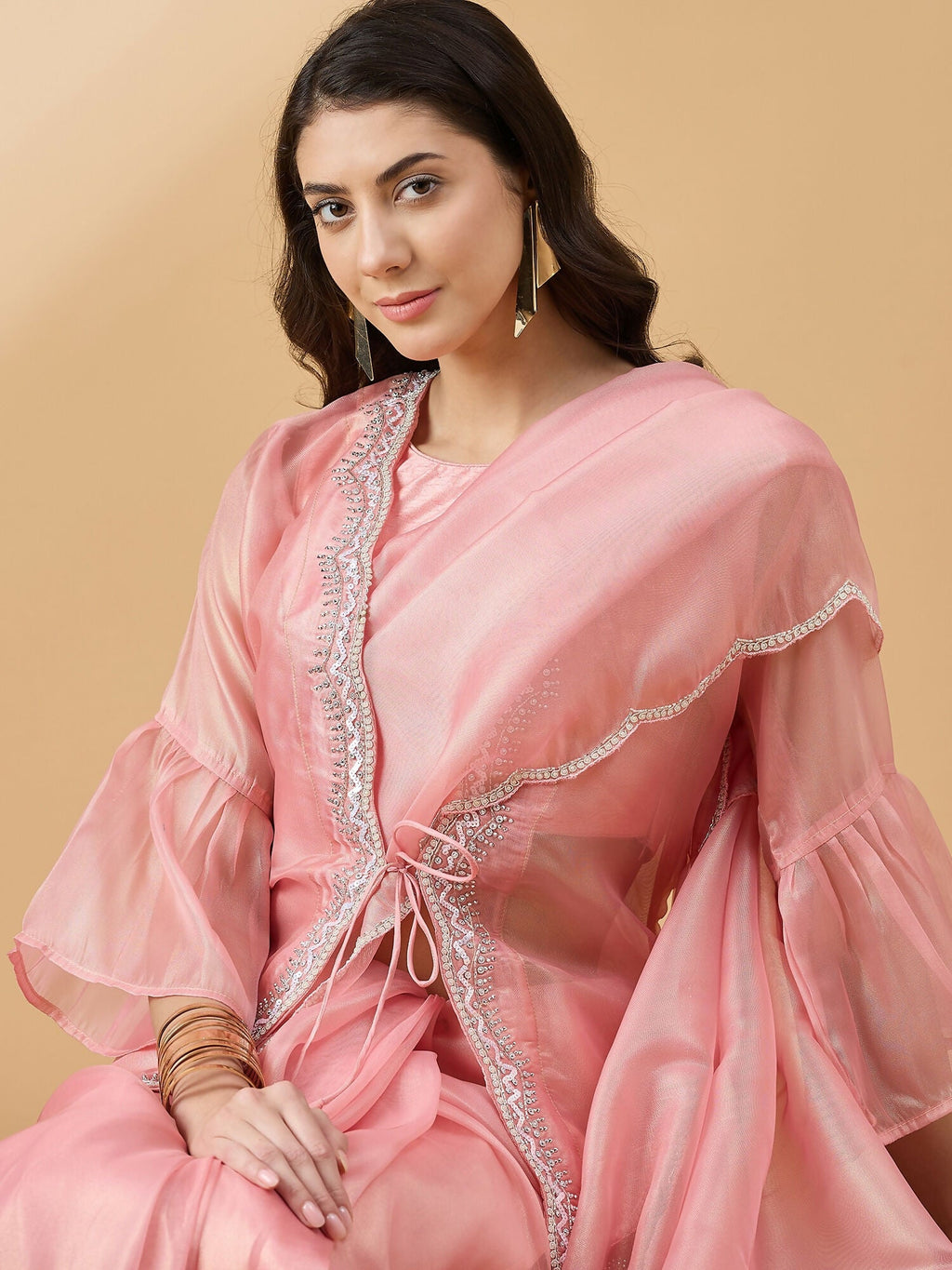 Peach Chiffon Solid Saree with Stitched Blouse & Stone Work Shrug - Dharavi