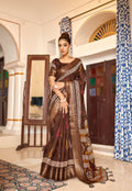 Dark Brown Patta Poly Cotton Floral Printed Saree With Unstitched Blouse Piece - Shades