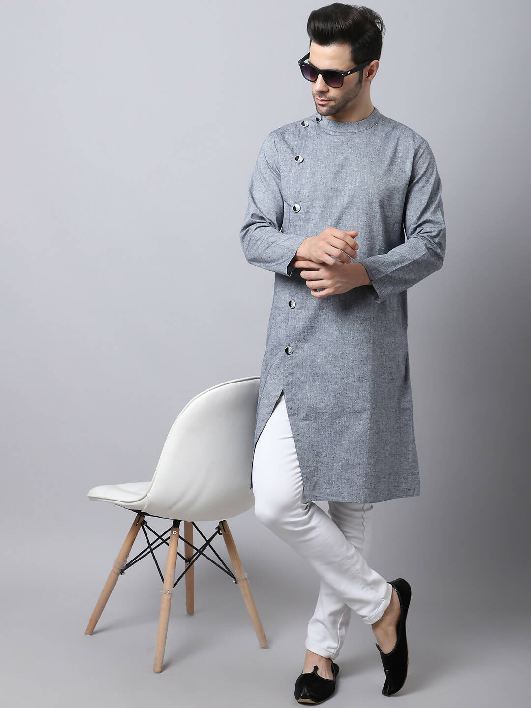Even Apparels Grey Pure Cotton Sherwani Men's Kurta With Asymetrical Cut